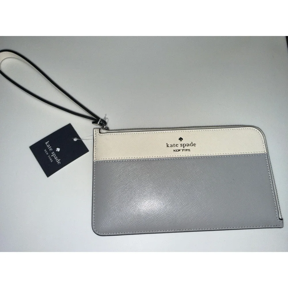 Kate Spade Lucy Medium L-Zip Wristlet Saffiano Leather Colorblock  Grey White - Picture 2 of 6